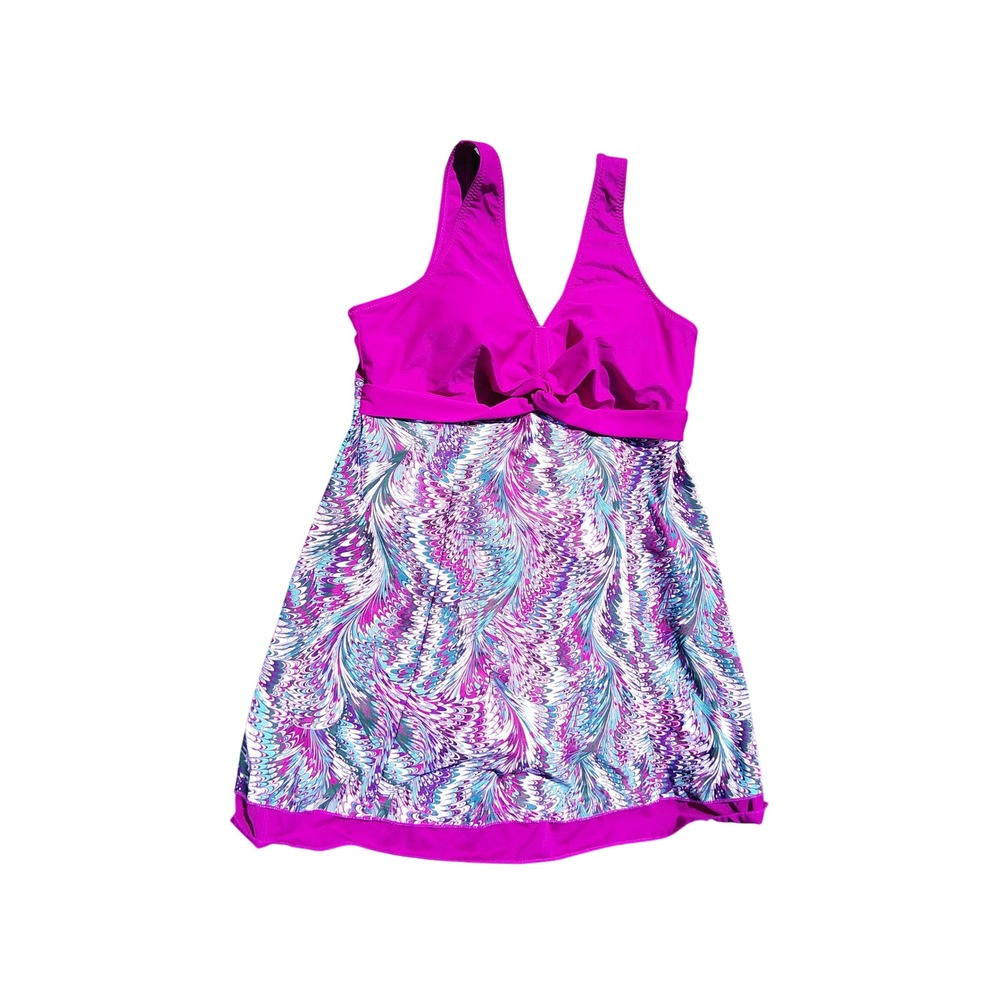 Magenta Purple Marbled Peacock Print Twist Front Sleeveless Swim Dress